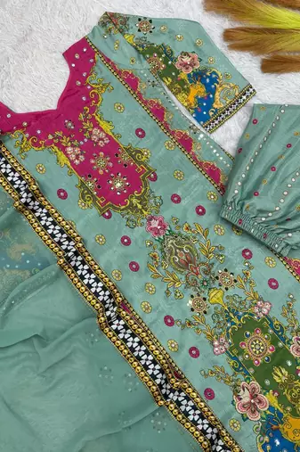 sea green color digital print with real mirror handwork and hanging lace border silk blend kurti palazzo set