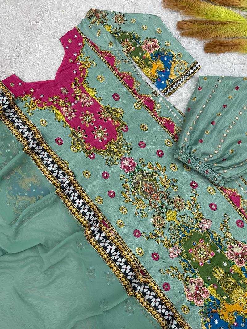 sea green color digital print with real mirror handwork and hanging lace border silk blend kurti palazzo set