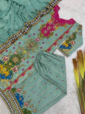 sea green color digital print with real mirror handwork and hanging lace border silk blend kurti palazzo set 3