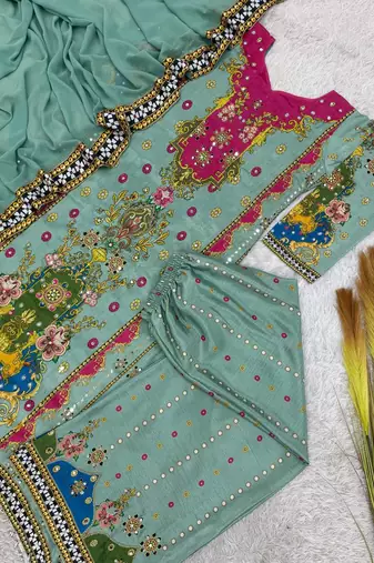sea green color digital print with real mirror handwork and hanging lace border silk blend kurti palazzo set