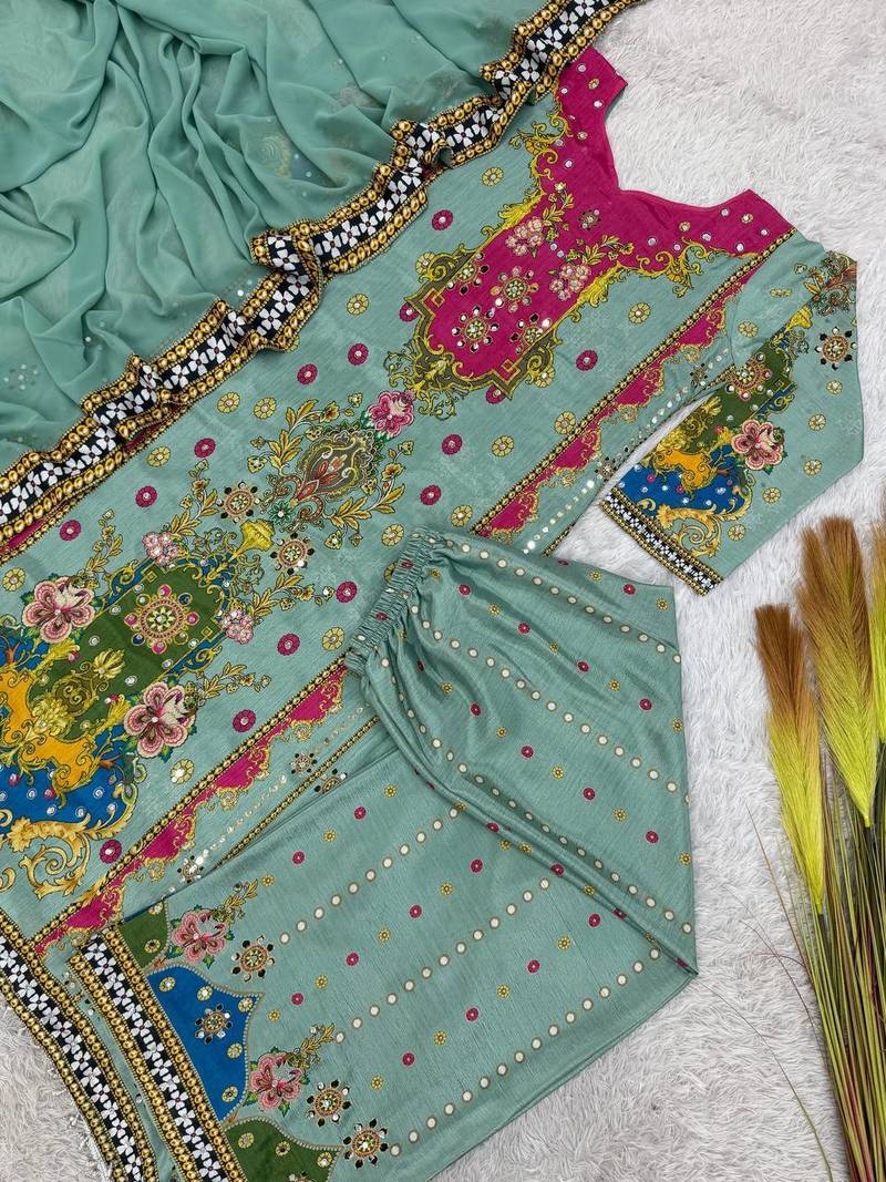 sea green color digital print with real mirror handwork and hanging lace border silk blend kurti palazzo set