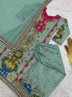 sea green color digital print with real mirror handwork and hanging lace border silk blend kurti palazzo set 4