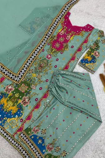 sea green color digital print with real mirror handwork and hanging lace border silk blend kurti palazzo set