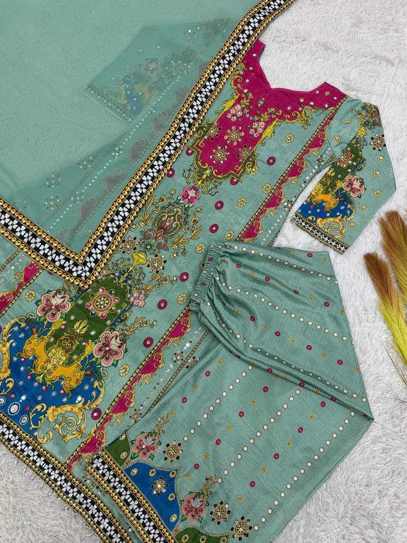 sea green color digital print with real mirror handwork and hanging lace border silk blend kurti palazzo set
