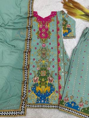 sea green color digital print with real mirror handwork and hanging lace border silk blend kurti palazzo set 5