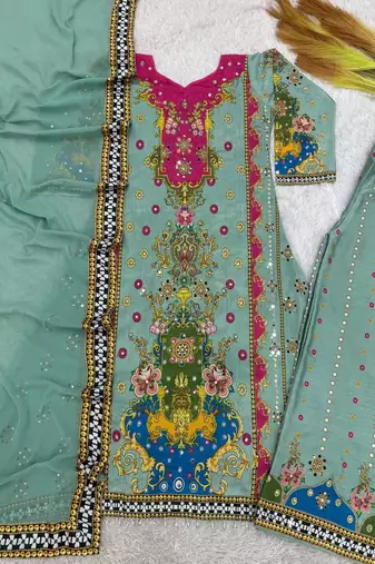 sea green color digital print with real mirror handwork and hanging lace border silk blend kurti palazzo set