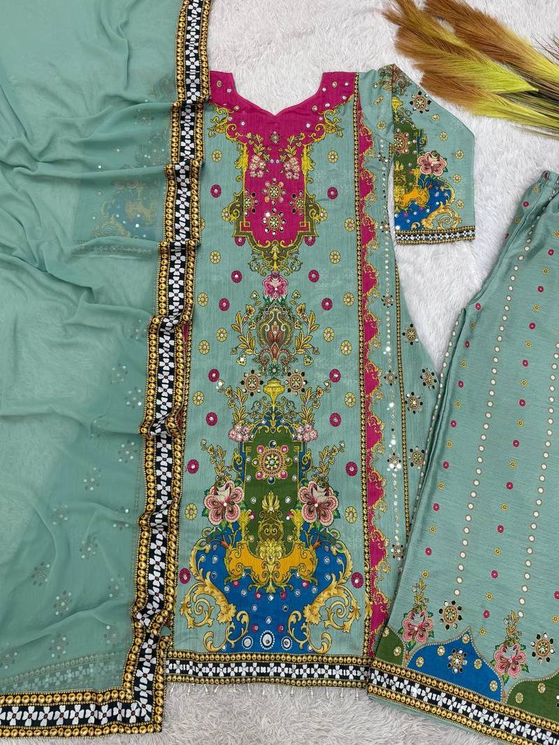 sea green color digital print with real mirror handwork and hanging lace border silk blend kurti palazzo set