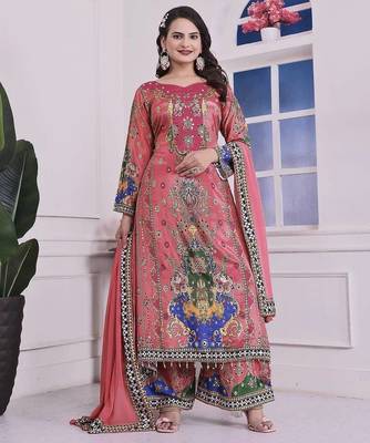 pink color digital print with real mirror handwork and hanging lace border silk blend kurti palazzo set 1