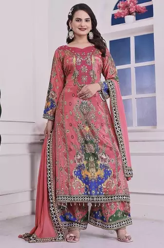 pink color digital print with real mirror handwork and hanging lace border silk blend kurti palazzo set