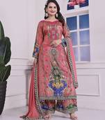 pink color digital print with real mirror handwork and hanging lace border silk blend kurti palazzo set