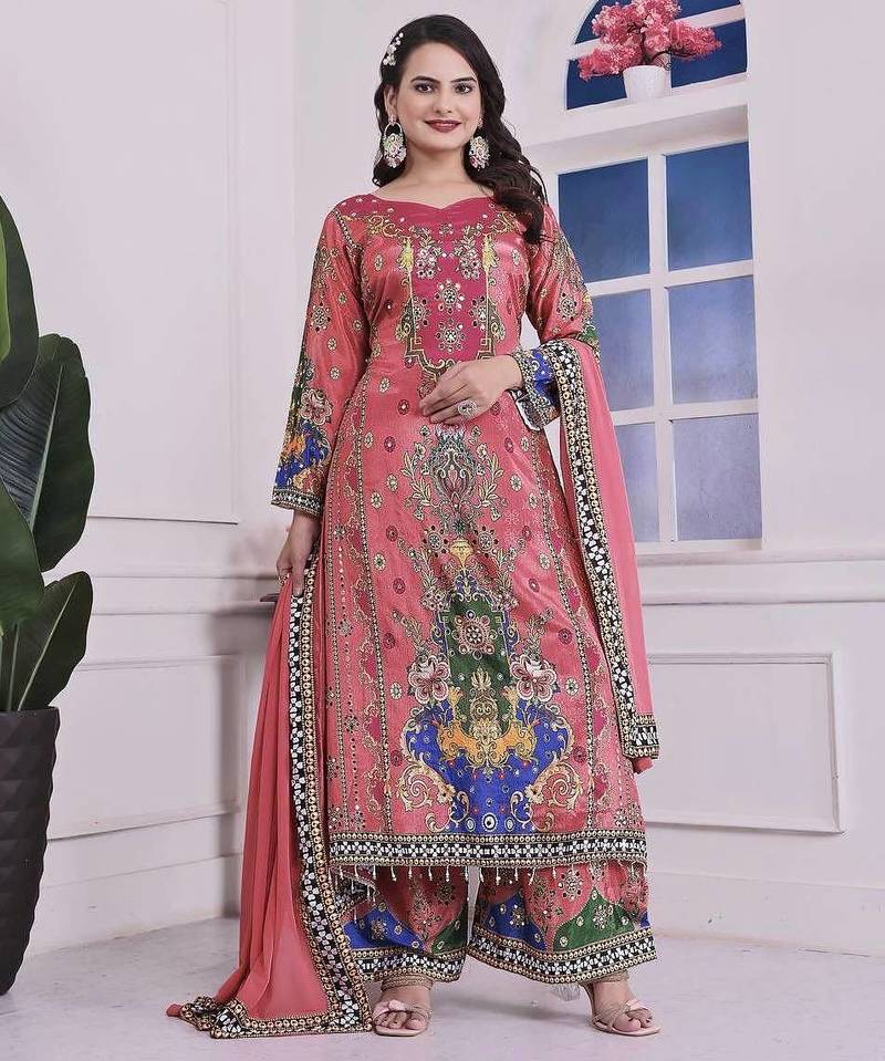 pink color digital print with real mirror handwork and hanging lace border silk blend kurti palazzo set