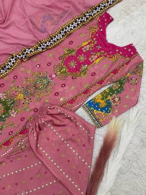 pink color digital print with real mirror handwork and hanging lace border silk blend kurti palazzo set 2