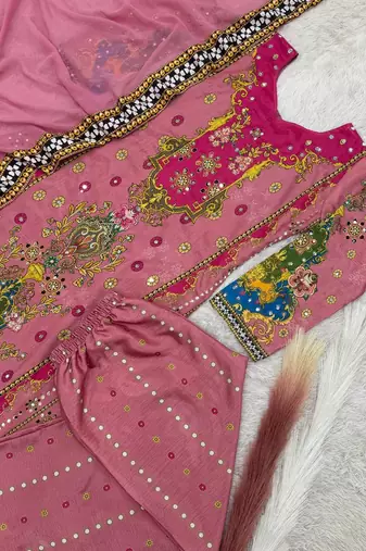 pink color digital print with real mirror handwork and hanging lace border silk blend kurti palazzo set
