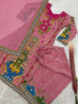 pink color digital print with real mirror handwork and hanging lace border silk blend kurti palazzo set 3