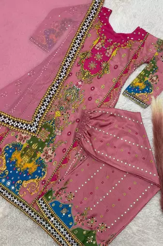 pink color digital print with real mirror handwork and hanging lace border silk blend kurti palazzo set
