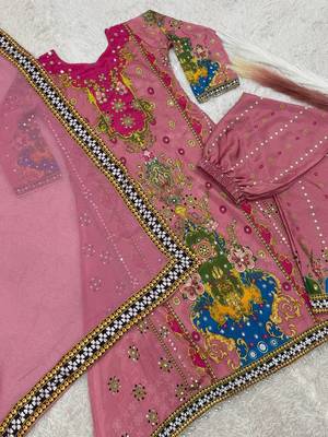 pink color digital print with real mirror handwork and hanging lace border silk blend kurti palazzo set 4