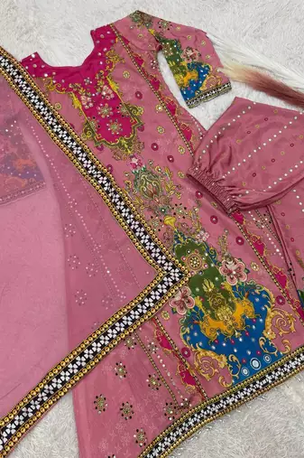 pink color digital print with real mirror handwork and hanging lace border silk blend kurti palazzo set