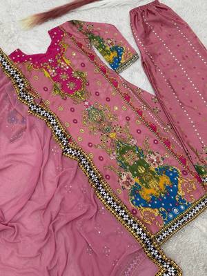 pink color digital print with real mirror handwork and hanging lace border silk blend kurti palazzo set 5