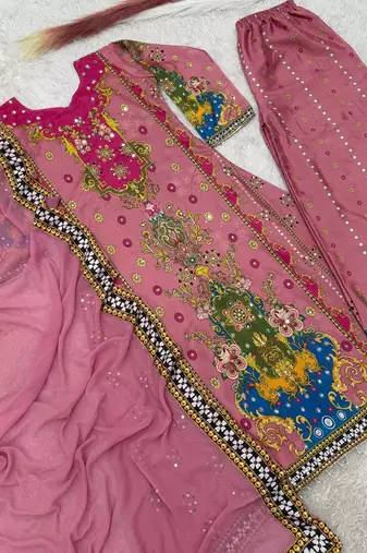 pink color digital print with real mirror handwork and hanging lace border silk blend kurti palazzo set