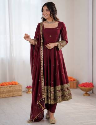 Maoon art silk thread with sequence anarkali suit 1