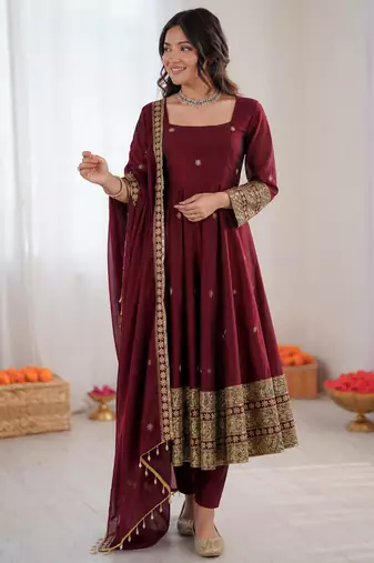 Maoon art silk thread with sequence anarkali suit