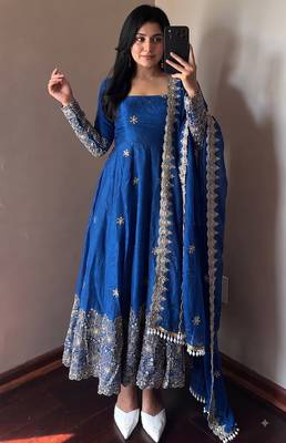 Blue colour  heavy embroidered anarkali kurta set with designer cutwork dupatta & pant 2