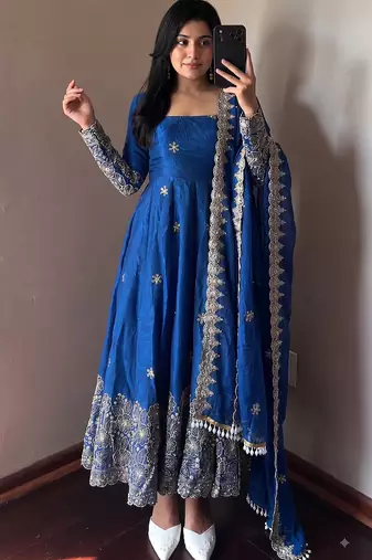 Blue colour  heavy embroidered anarkali kurta set with designer cutwork dupatta & pant