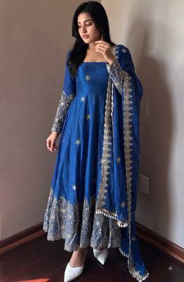 Blue colour  heavy embroidered anarkali kurta set with designer cutwork dupatta & pant 3