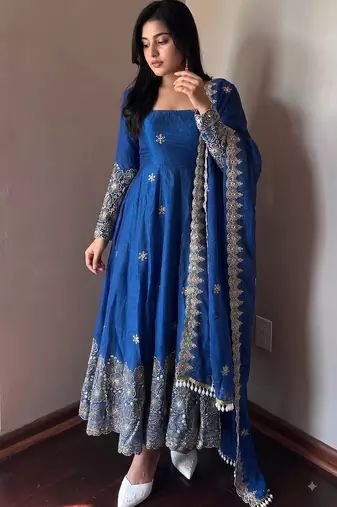 Blue colour  heavy embroidered anarkali kurta set with designer cutwork dupatta & pant