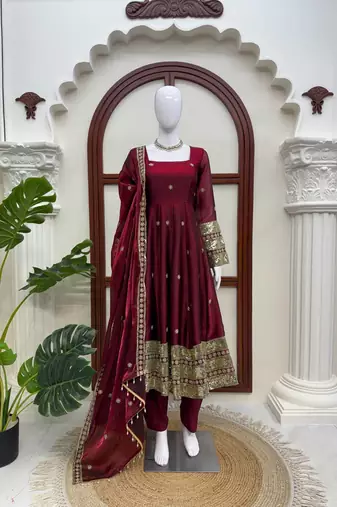 Maoon art silk thread with sequence anarkali suit