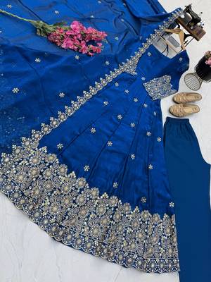 Blue colour  heavy embroidered anarkali kurta set with designer cutwork dupatta & pant 4