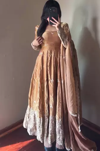 Gold colour  heavy embroidered anarkali kurta set with designer cutwork dupatta & pant