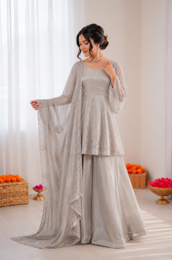 Light grey art silk foil work designer plazzo suit