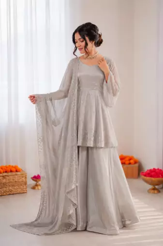 Light grey art silk foil work designer plazzo suit