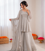 Light grey art silk foil work designer plazzo suit