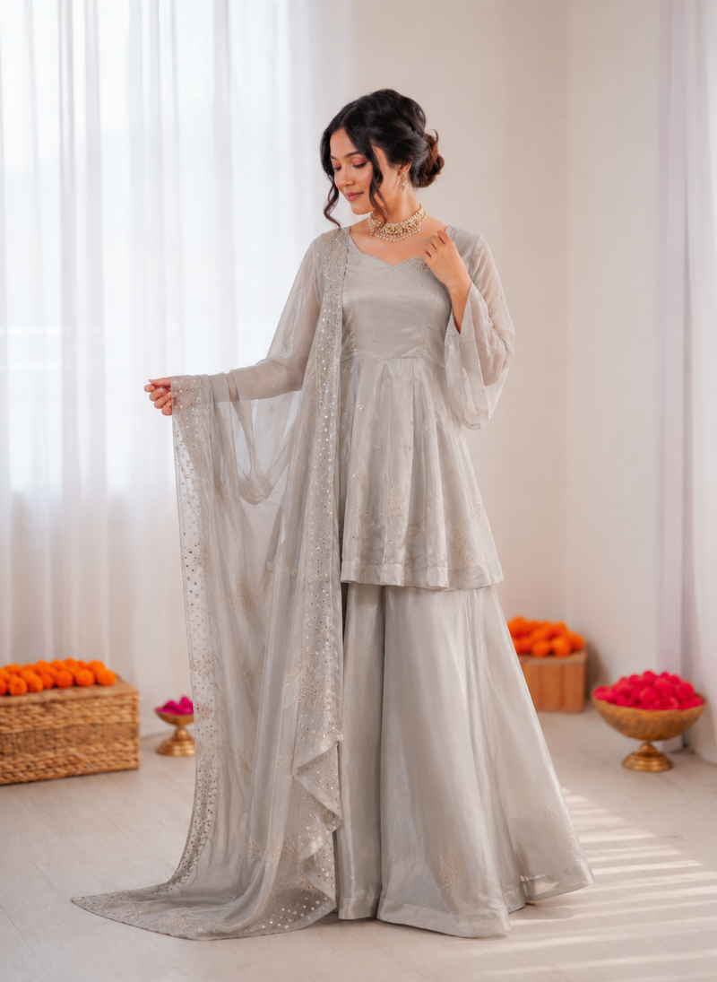 Light grey art silk foil work designer plazzo suit