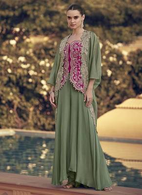 Sage green & rani pink faux chinon silk embroidered readymade indian dress 1