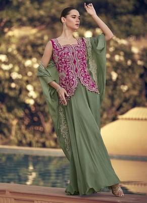 Sage green & rani pink faux chinon silk embroidered readymade indian dress 2