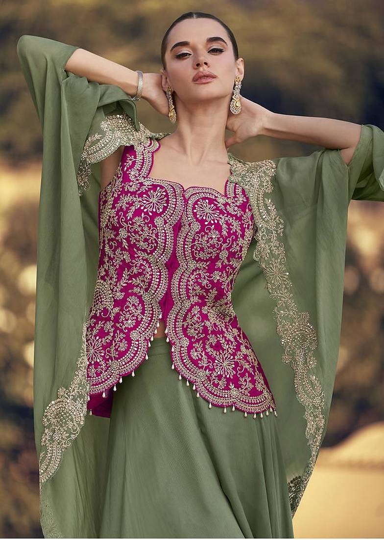 Sage green & rani pink faux chinon silk embroidered readymade indian dress