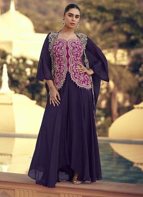 Purple & rani pink faux chinon silk embroidered readymade indian dress 1