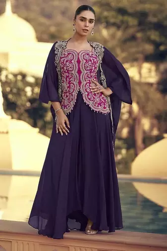 Purple & rani pink faux chinon silk embroidered readymade indian dress