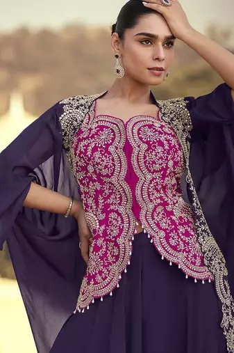 Purple & rani pink faux chinon silk embroidered readymade indian dress