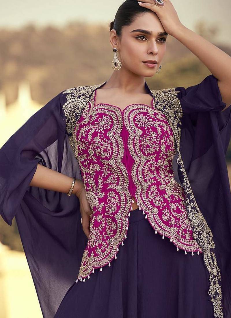 Purple & rani pink faux chinon silk embroidered readymade indian dress