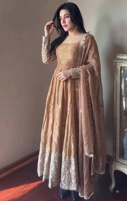 Gold colour  heavy embroidered anarkali kurta set with designer cutwork dupatta & pant 2