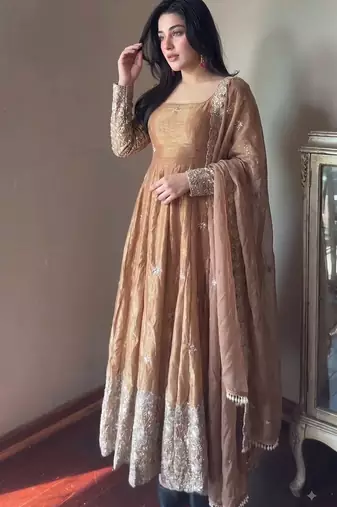 Gold colour  heavy embroidered anarkali kurta set with designer cutwork dupatta & pant