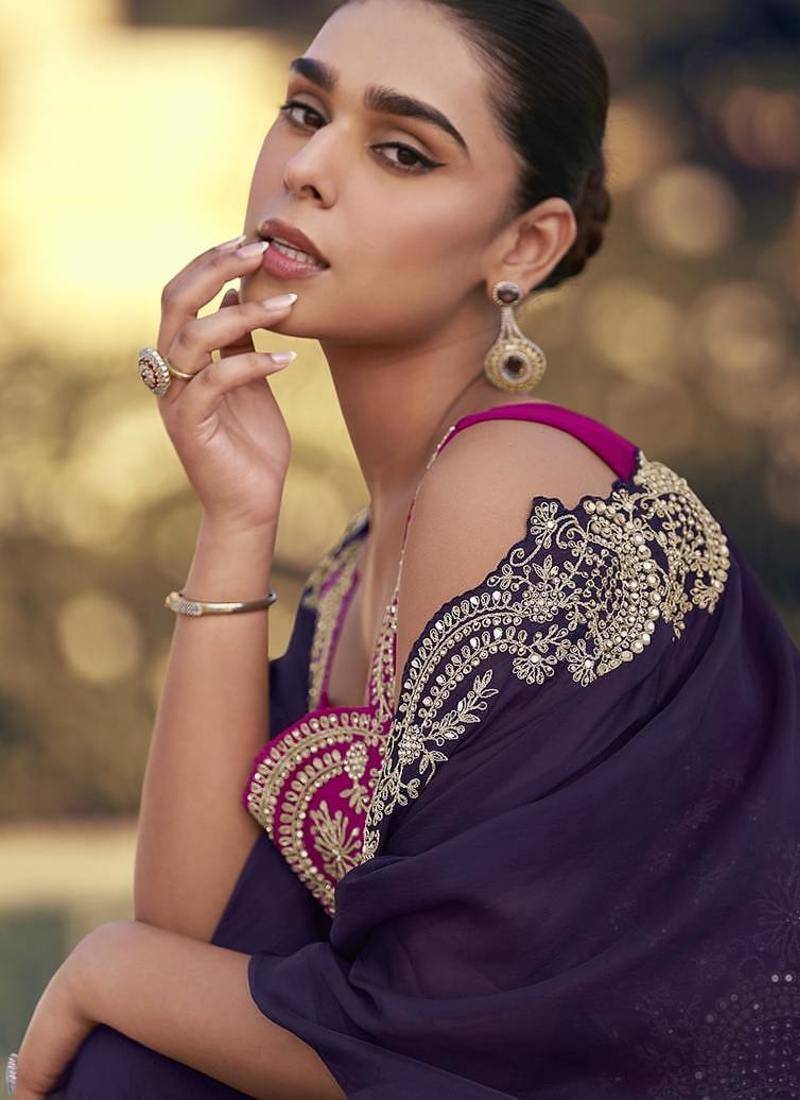 Purple & rani pink faux chinon silk embroidered readymade indian dress