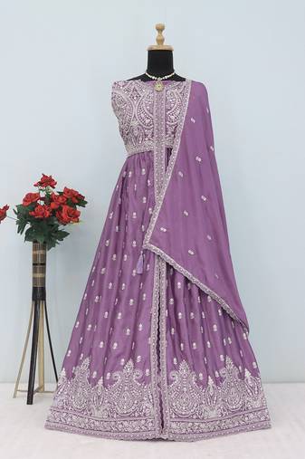 Lavender faux chinon embroidered readymade anarkali suit