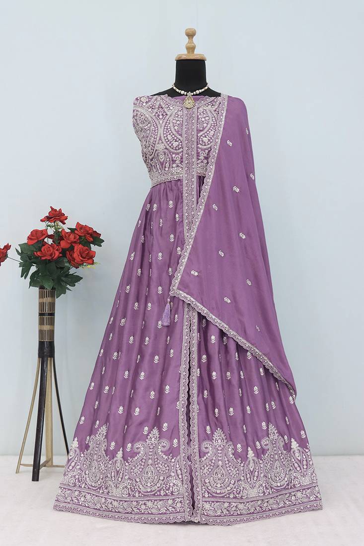 Lavender faux chinon embroidered readymade anarkali suit