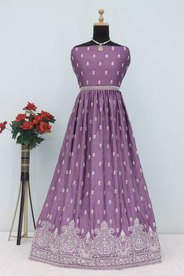 Lavender faux chinon embroidered readymade anarkali suit 3