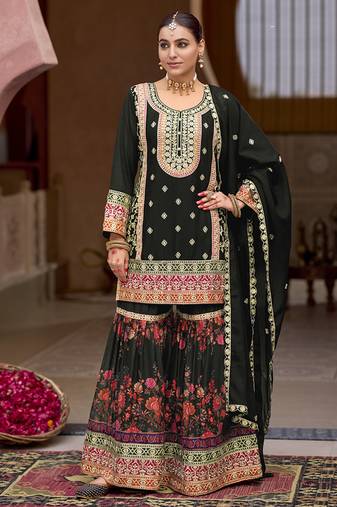 Black faux chinon embroidered readymade sharara suit